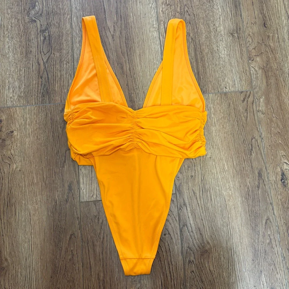 Aerie Shine Plunge Ruched One Piece Cheekiest Womens Large Orange Swimsuit beach